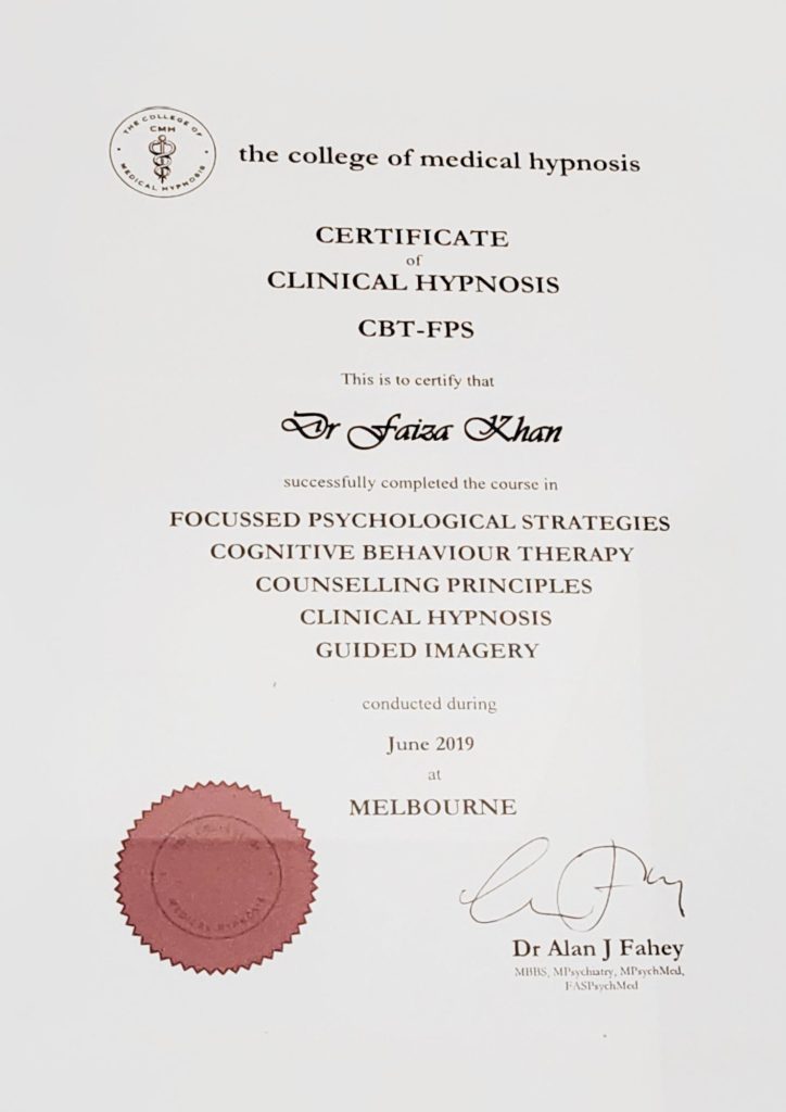 Dr Faiza Khan Hypnosis Certificate